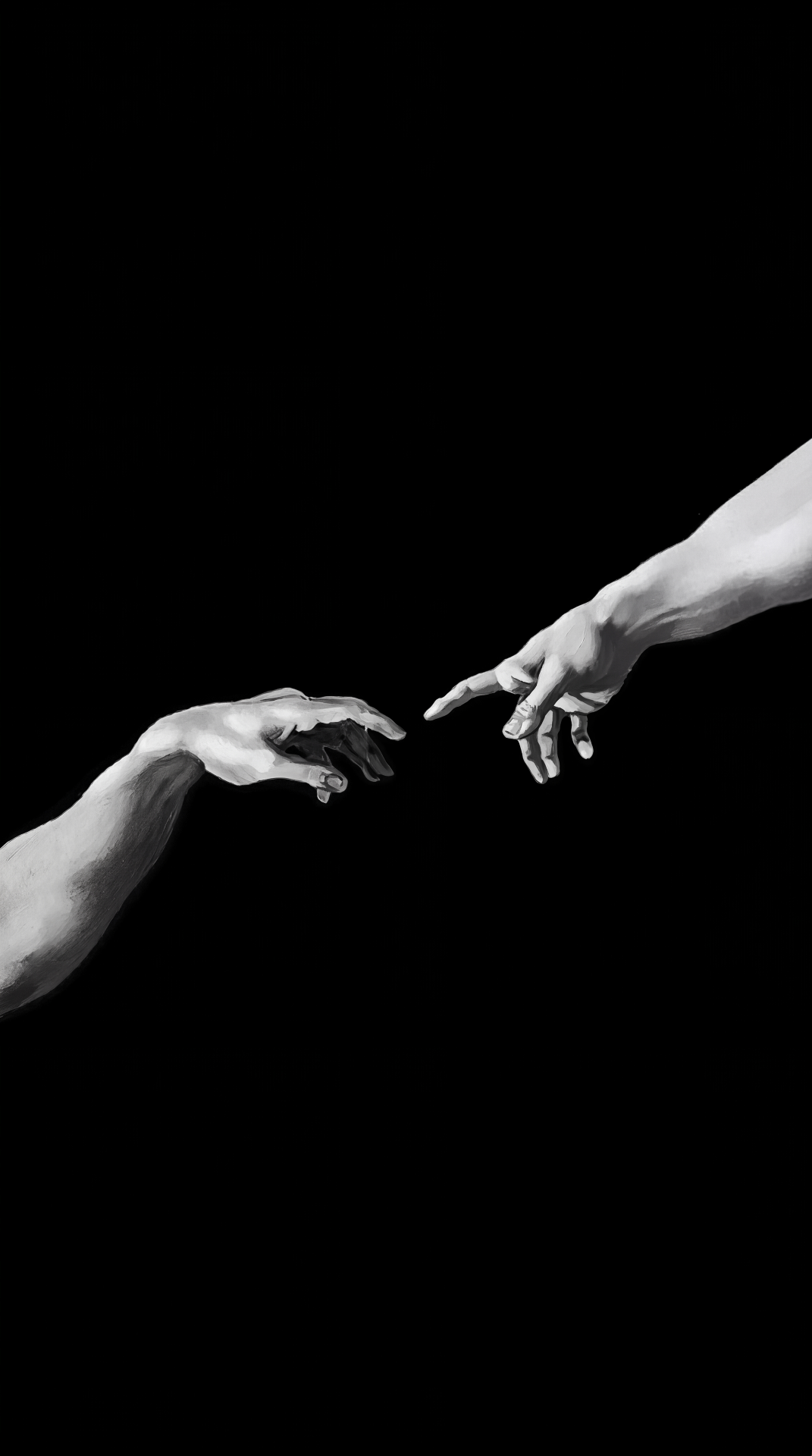 Two hands reaching toward each other in monochrome